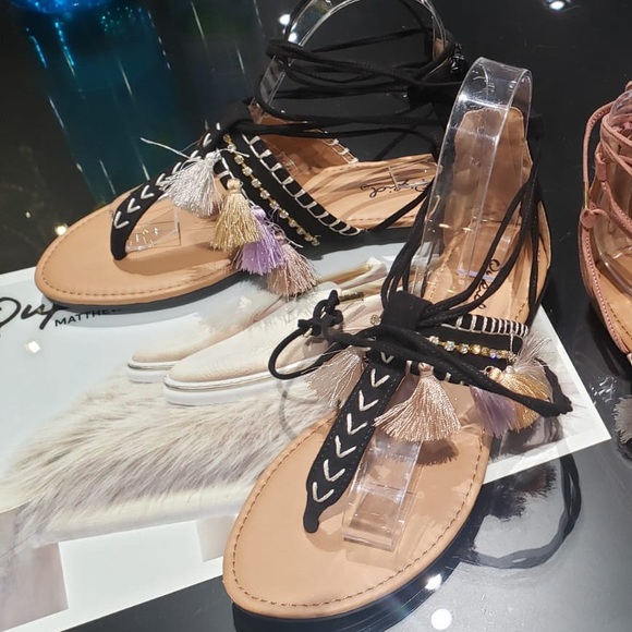 Qupid Black, Multi Color Tassel Boho LaceUp Sandal - Picture 2 of 2